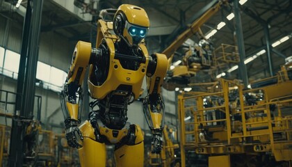 An autonomous yellow robot navigates a busy factory floor, showcasing the synergy between robotics and industry in modern manufacturing.