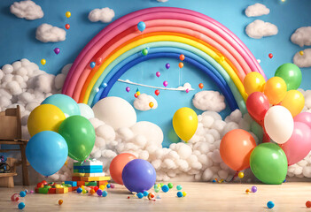 Wall in a decorated children's room. Rainbow, clouds and colorful balloons.