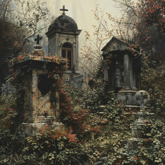a forgotten graveyard with weathered headstones and tangled weeds