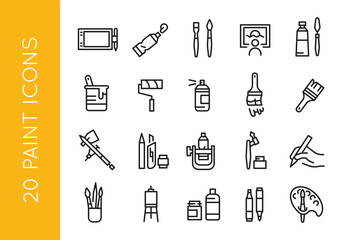 Art and painting icon set: drawing, house painting, artwork, tablet, paint tubes, palette for web, mobile, promo. Covers hobby, creativity. Single outline, vector illustration.