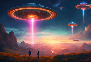 Invasion alien flying saucers. UFO lands in highlans valley. Alien abduction concept. Painted picture. Generative AI.