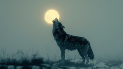 a lone wolf howling at the moon in a desolate landscape - obrazy, fototapety, plakaty