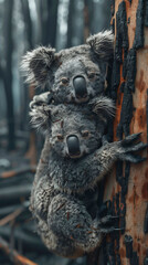 Fototapeta na wymiar koalas clinging to a charred eucalyptus tree in the aftermath of a bushfire