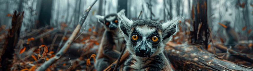solemn lemurs clinging to the last remaining trees in a razed forest - obrazy, fototapety, plakaty