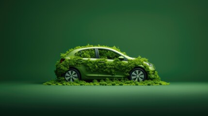 Ecofriendly transport concept. Leaves covered car. Ecology concept on green background