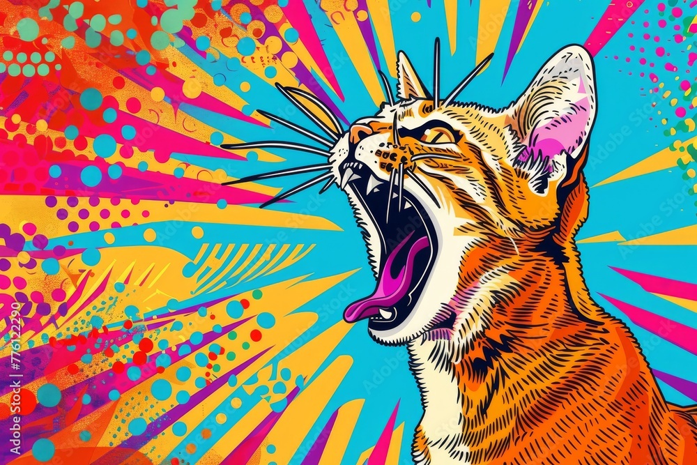 Poster dynamic pop art illustration of a roaring cat, featuring explosive colors and energetic patterns in 