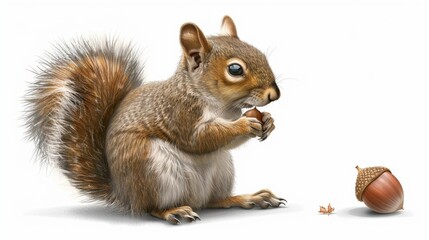  A mischievous squirrel clutching an acorn tightly between its tiny paws against a solid white background
