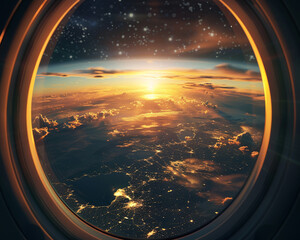 Aerial View of Sunset Through Airplane Window