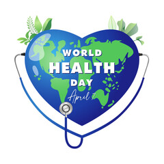 World Health Day 7 April social media poster. Greeting card design with heart shaped 3D planet Earth, green leaves and stethoscope. Creative icon. Environmental logo concept. Love nature symbol.
