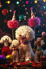 Party Celebration with Cartoon Poodles and Decorations