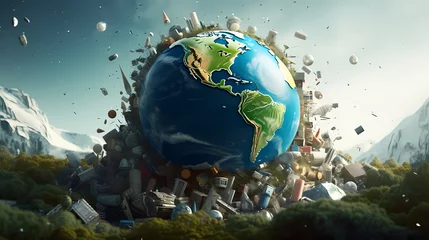 Foto op Canvas Globe on Pile of Plastic Waste © jiejie