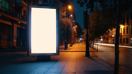 Blank white vertical advertising banner billboard at night