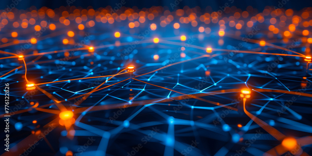 Poster futuristic digital network with glowing blue and orange nodes representing advanced connectivity and