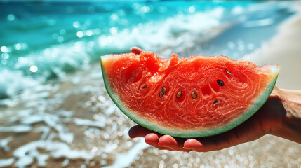 Fresh watermelon on the beach. Close-up of a woman's hand holding a slice of watermelon