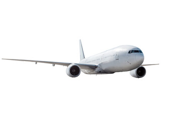 White wide body passenger aircraft flying isolated