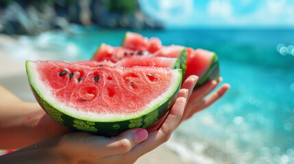 Watermelon in female hands on the background of the sea and blue sky