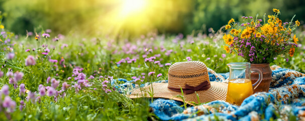A straw hat on a blanket next to a pitcher of lemonade. Summer picnic  in a field of flowers - obrazy, fototapety, plakaty