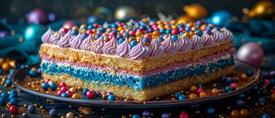 Obraz premium Colorful Mardi Gras King Cake Displayed on Festive Table with Carnival Decorations in Blue and Yellow. Concept Mardi Gras, King Cake, Festive Table, Carnival Decorations, Blue and Yellow
