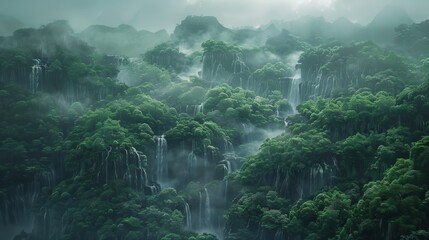 landscape view with a lot of plants and trees, waterfall and mountains behind, cinematic lighting,...