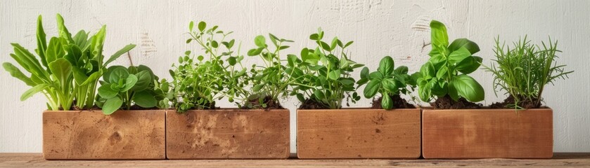 Row of Fresh Herbs in Wooden Planters