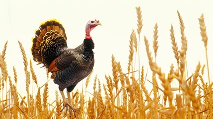  A plump turkey strutting proudly amidst a field of golden wheat  - obrazy, fototapety, plakaty