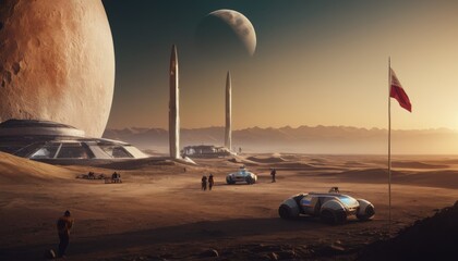 A conceptual Mars base camp with exploration vehicles and a habitat dome under a two-moon sky, evoking space colonization. - obrazy, fototapety, plakaty