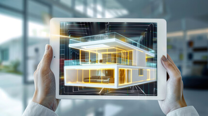 Design engineer holds a digital tablet on which a project for the construction of a modern house is displayed. - obrazy, fototapety, plakaty