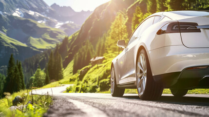 close-up of a modern car drives quickly along a beautiful road in the mountains in the rays of the sun - obrazy, fototapety, plakaty