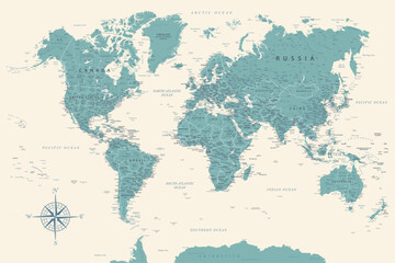 World Map - Highly Detailed Vector Map of the World. Ideally for the Print Posters. Faded Blue Green White Colors - obrazy, fototapety, plakaty