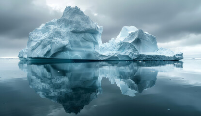 Large iceberg reflected in the sea on a cloudy day - obrazy, fototapety, plakaty
