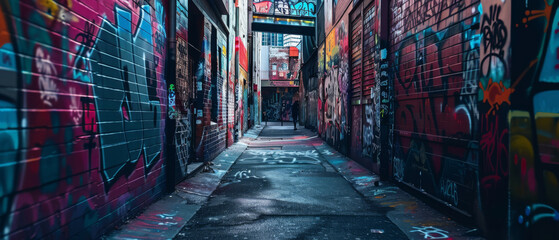 A dark, atmospheric alleyway with colorful, mysterious graffiti covering the walls