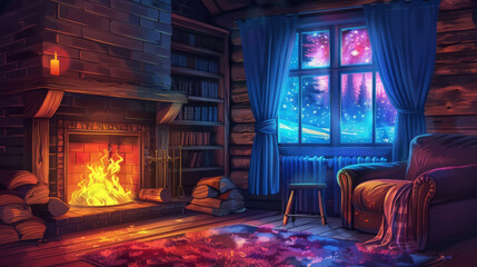 Obraz premium A dark, cozy cabin interior with a colorful, crackling fireplace