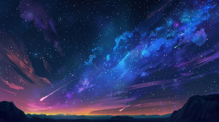A dark, clear sky with a vibrant, colorful meteor shower streaking across