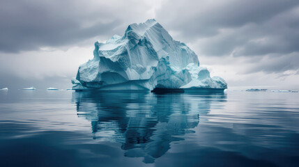 Large iceberg reflected in the sea on a cloudy day