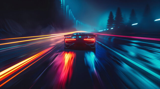 A dark, atmospheric road with colorful, futuristic car headlights zooming past