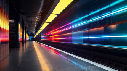 A dark, sleek subway station at night, illuminated by colorful, dynamic LED lights