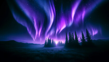 夜空に紫のオーロラが渦巻いている神秘的な景色。A breathtaking scene of purple auroras swirling in the night sky, casting a mystical glow over a serene landscape. The setting is remote and untouched.