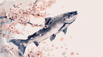  A sleek salmon swimming upstream past a cluster of floating cherry blossoms against a solid white background
 - obrazy, fototapety, plakaty