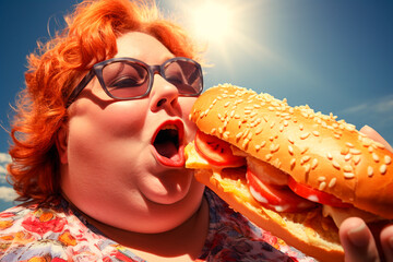 Fat red-haired woman eating hot dog close-up, portrait, outdoors, problem of obesity, fast food consumption
