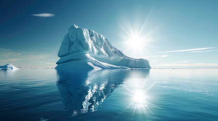 Large iceberg reflected in the sea on a clear sunny day