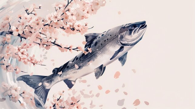  A sleek salmon swimming upstream past a cluster of floating cherry blossoms against a solid white background
