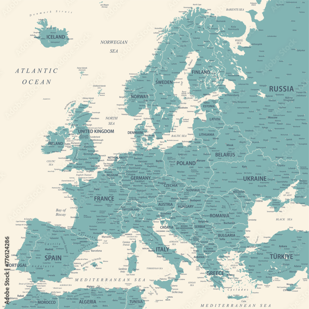 Wall mural europe - highly detailed vector map of the europe. ideally for the print posters. faded blue green w