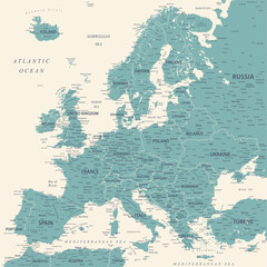 Europe - Highly Detailed Vector Map of the Europe. Ideally for the Print Posters. Faded Blue Green White Colors - obrazy, fototapety, plakaty