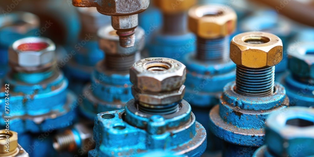 Poster Close up view showing a variety of different types of valves in detail