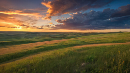 Sunset timelapse over the farmer’s pasture in  Canada. Blue sky with moving clouds. Canadian Prairies. Western Canada