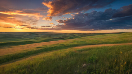 Fototapeta premium Sunset timelapse over the farmer’s pasture in Canada. Blue sky with moving clouds. Canadian Prairies. Western Canada