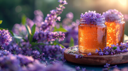 Obraz na płótnie Canvas jar of honey with lilac flowers on a wooden rustic table.