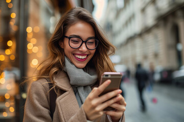 Smiling elegant businesswoman using phone on city street. AI gen