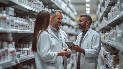 Diverse male and female pharmacists using digital tablet and talking about medicine, drugs, vitamins, supplements, vaccine and health care products at pharmacy drugstore