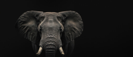 A majestic African elephant portrait captured against a stark black background highlighting its texture and tusks